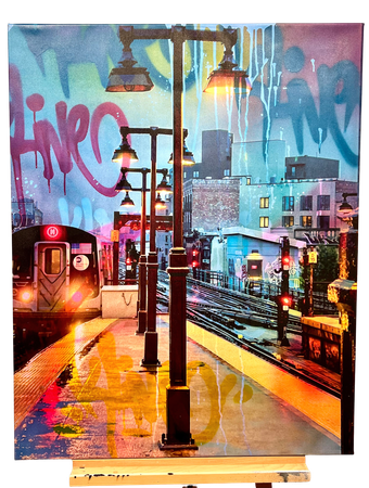 "NYC Subway" blandteknik på duk av Klive. 80x100 cm