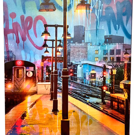 "NYC Subway" blandteknik på duk av Klive. 80x100 cm