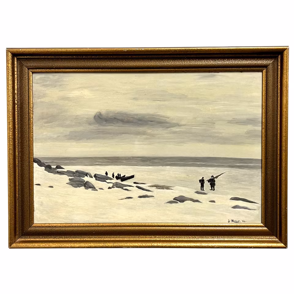 John Miller - Fiskare på snötäckt strand, 1952, Olja på duk. 71x51 cm