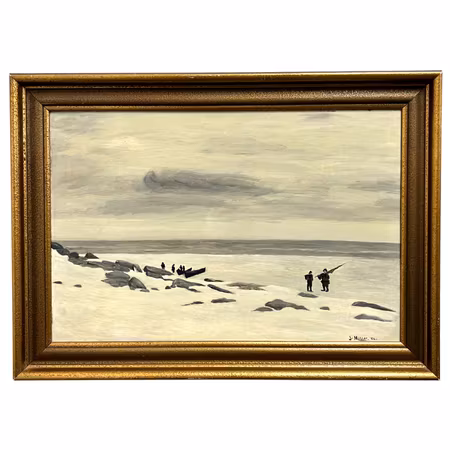 John Miller - Fiskare på snötäckt strand, 1952, Olja på duk. 71x51 cm