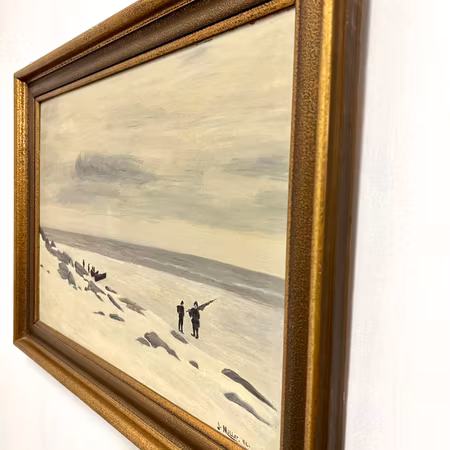 John Miller - Fiskare på snötäckt strand, 1952, Olja på duk. 71x51 cm