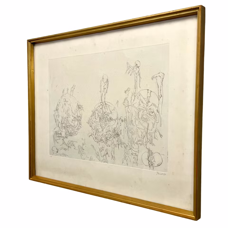 Svartvit surrealistisk etsning av Dado. 68x53 cm