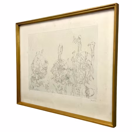 Svartvit surrealistisk etsning av Dado. 68x53 cm