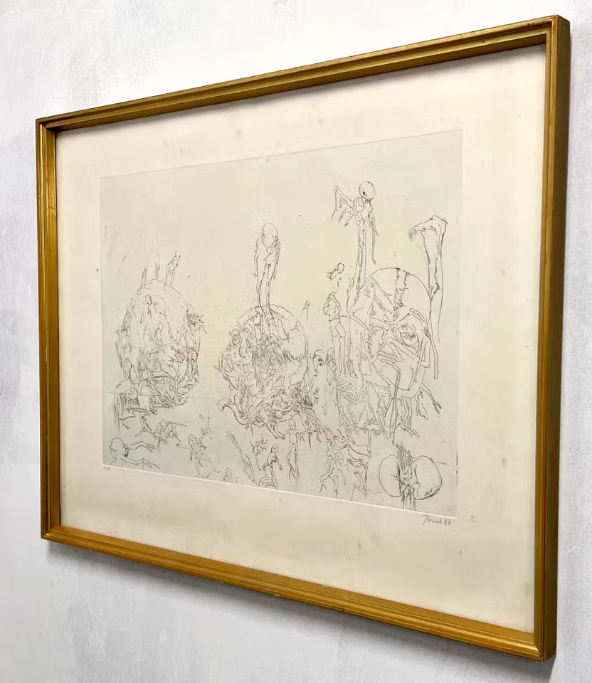 Svartvit surrealistisk etsning av Dado. 68x53 cm