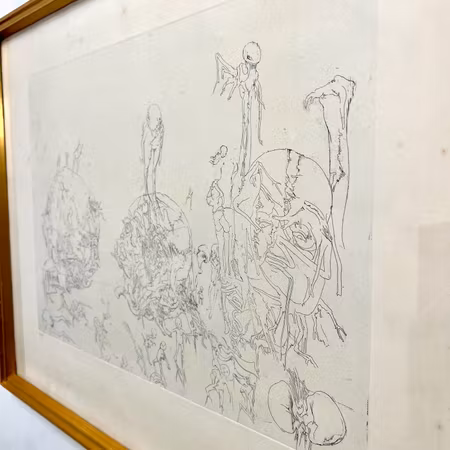 Svartvit surrealistisk etsning av Dado. 68x53 cm