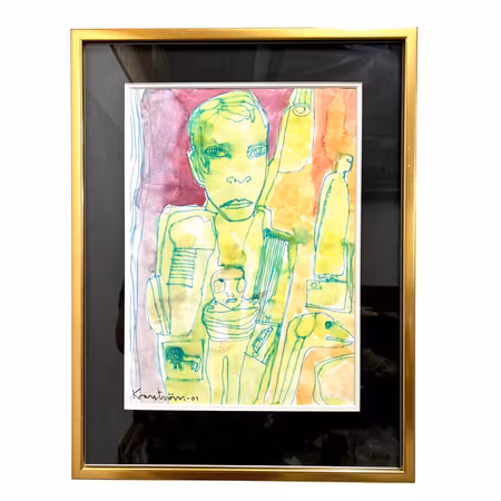 "Familj" Akvarell/Pastell av Mauritz Karström. Ramad. 43x57 cm