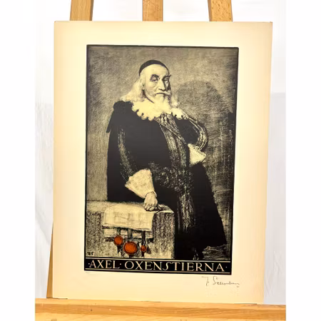 "Axel Oxenstierna" Grafisk blad av Thorsten Schonberg ur mappen "Svenska Stormän". Nr 44/100. 40x52 cm