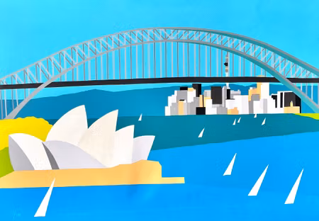 "Dreaming and sailing down under. Sydney and Auckland" Serigrafi av Franco Costa. 100x70 cm.
