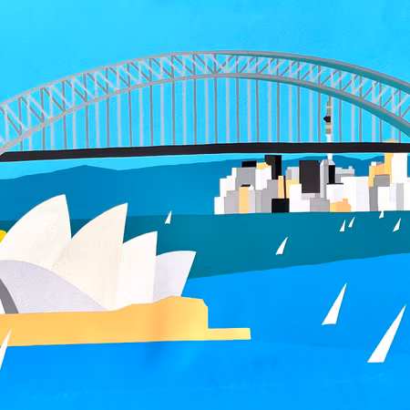 "Dreaming and sailing down under. Sydney and Auckland" Serigrafi av Franco Costa. 100x70 cm.