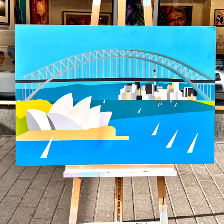 "Dreaming and sailing down under. Sydney and Auckland" Serigrafi av Franco Costa. 100x70 cm.