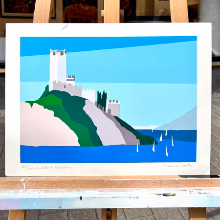 "Castello di Malcesine" Serigrafi av Franco Costa. 36,5x49 cm.