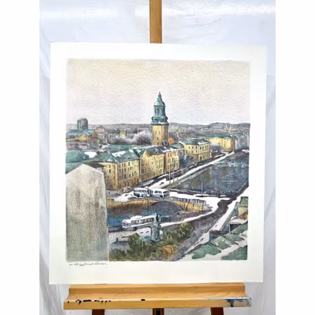 "Norra Hamngatan, Göteborg" Litografi av Bengt Andersson Råssbyn. 68x76 cm