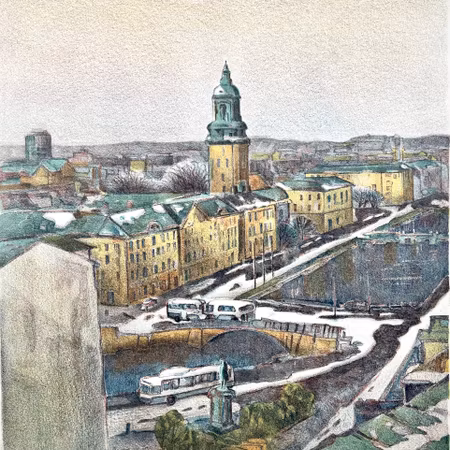 "Norra Hamngatan, Göteborg" Litografi av Bengt Andersson Råssbyn. 68x76 cm