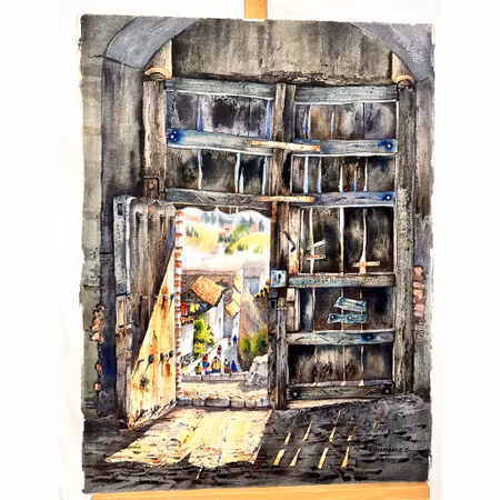 "Colonial reminiscence" Akvarell av José Rodriguez Sanches. 57x76 cm