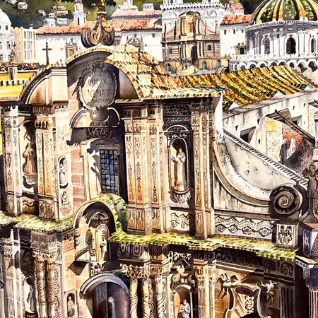 "Domkyrkan i Quito" Akvarell av José Rodriguez Sanches. 57x76 cm