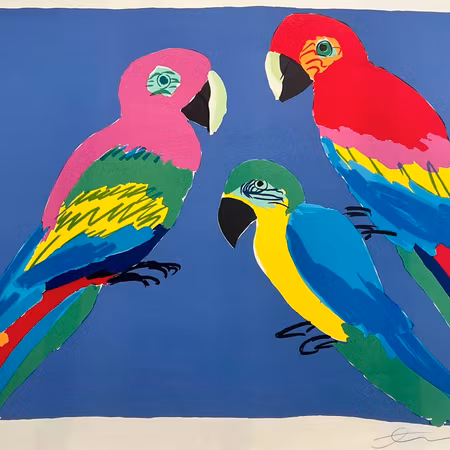 Walasse Ting, "Three Parrots", litografi signerad, numrerad, daterad -79. 75,5x55,5 cm cm