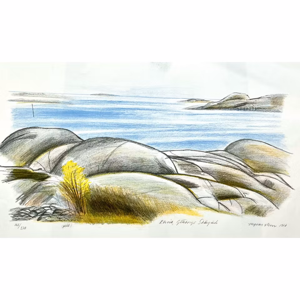 Ingvar Olson, "Rörvik, Göteborgs skärgård" litografi, signerad, numrerad (plåt) 166/270. daterad 1980. 3,x46 cm, obs skada