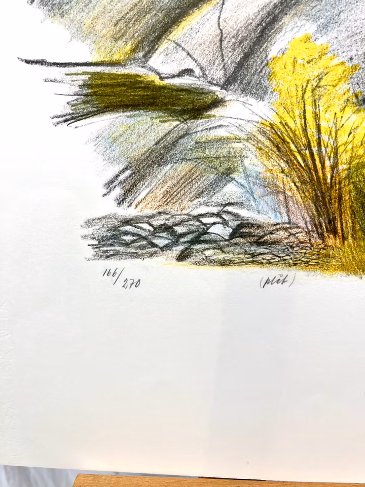 Ingvar Olson, "Rörvik, Göteborgs skärgård" litografi, signerad, numrerad (plåt) 166/270. daterad 1980. 3,x46 cm, obs skada