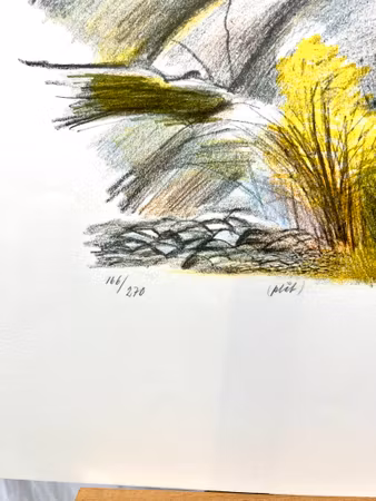 Ingvar Olson, "Rörvik, Göteborgs skärgård" litografi, signerad, numrerad (plåt) 166/270. daterad 1980. 3,x46 cm, obs skada