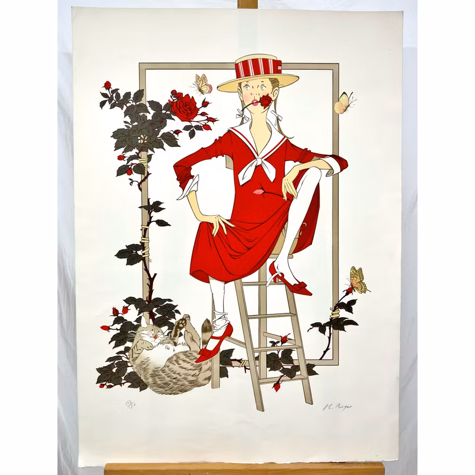 Philippe Henri Noyer, "Girl with cat" litografi. Signerad, numrerad 163/180. 64x89 cm