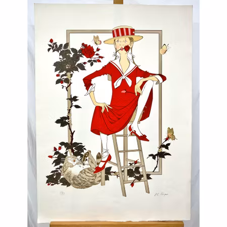 Philippe Henri Noyer, "Girl with cat" litografi. Signerad, numrerad 163/180. 64x89 cm