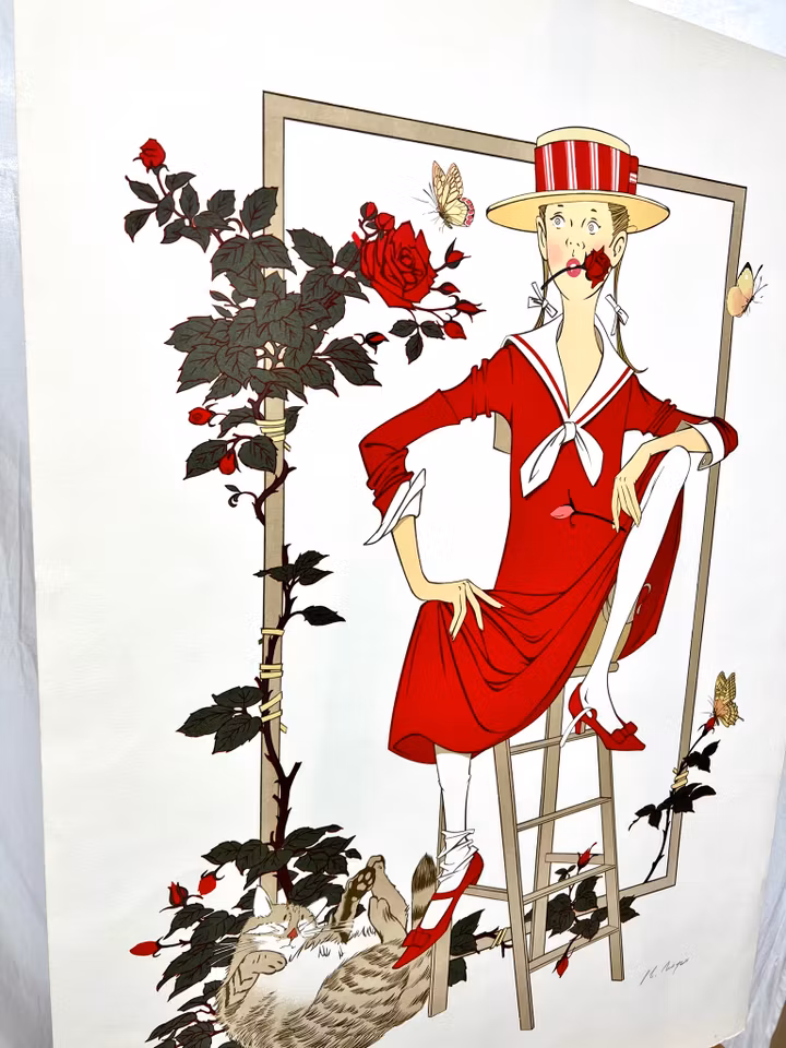 Philippe Henri Noyer, "Girl with cat" litografi. Signerad, numrerad 163/180. 64x89 cm