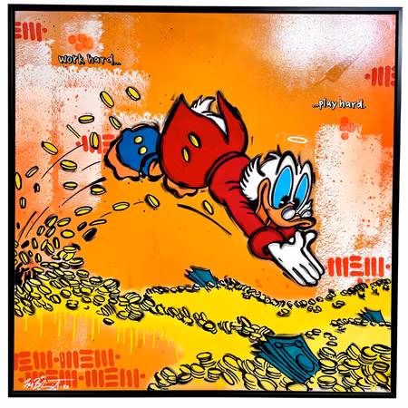 "Moneydive" Blandteknik på duk av Mike Blomqvist, 100x100 cm