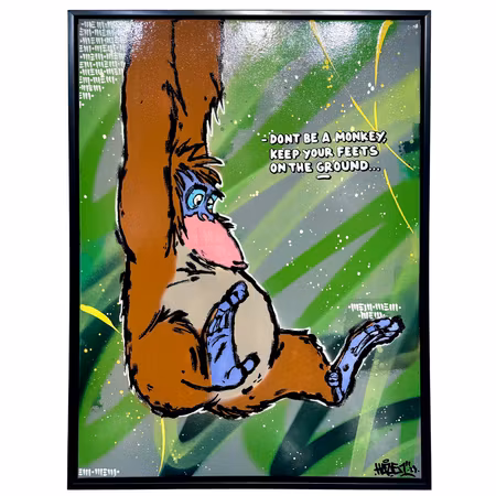 "Stop monkey around" Blandteknik på duk av Mike Blomqvist, 63x83 cm