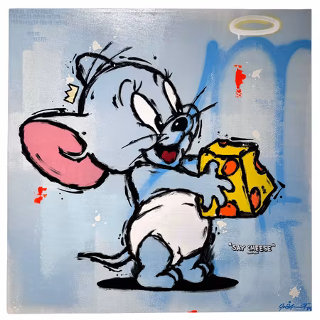 "Say Cheeze" Blandteknik på duk av Mike Blomqvist, 80x80 cm