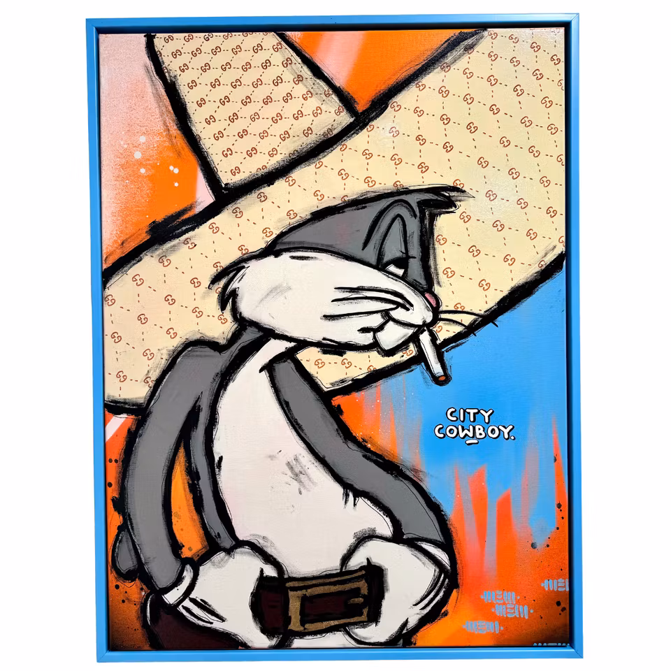 "City Cowboy" Blandteknik på duk av Mike Blomqvist, 63x83 cm