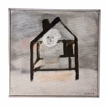 "Inomhus" Olja på duk av Anneli Nise. 35x34 cm