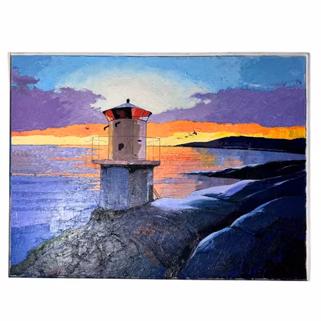 "Kvällsljus vid fyr i Bohuslän" Olja på duk av Tony Roos. 82x62 cm