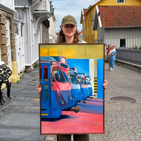 "Vagnhallen" - Olja på linneduk av Elin Östberg, 70x100 cm