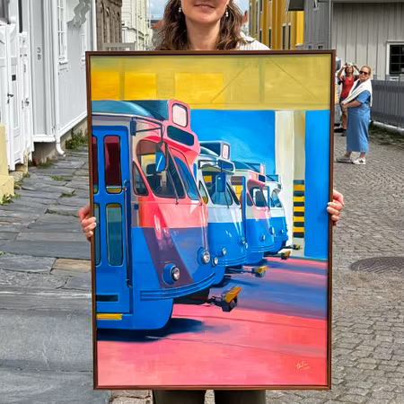 "Vagnhallen" - Olja på linneduk av Elin Östberg, 70x100 cm