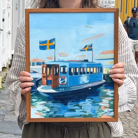 "Färjan" - Olja på linneduk av Elin Östberg, 33x41 cm