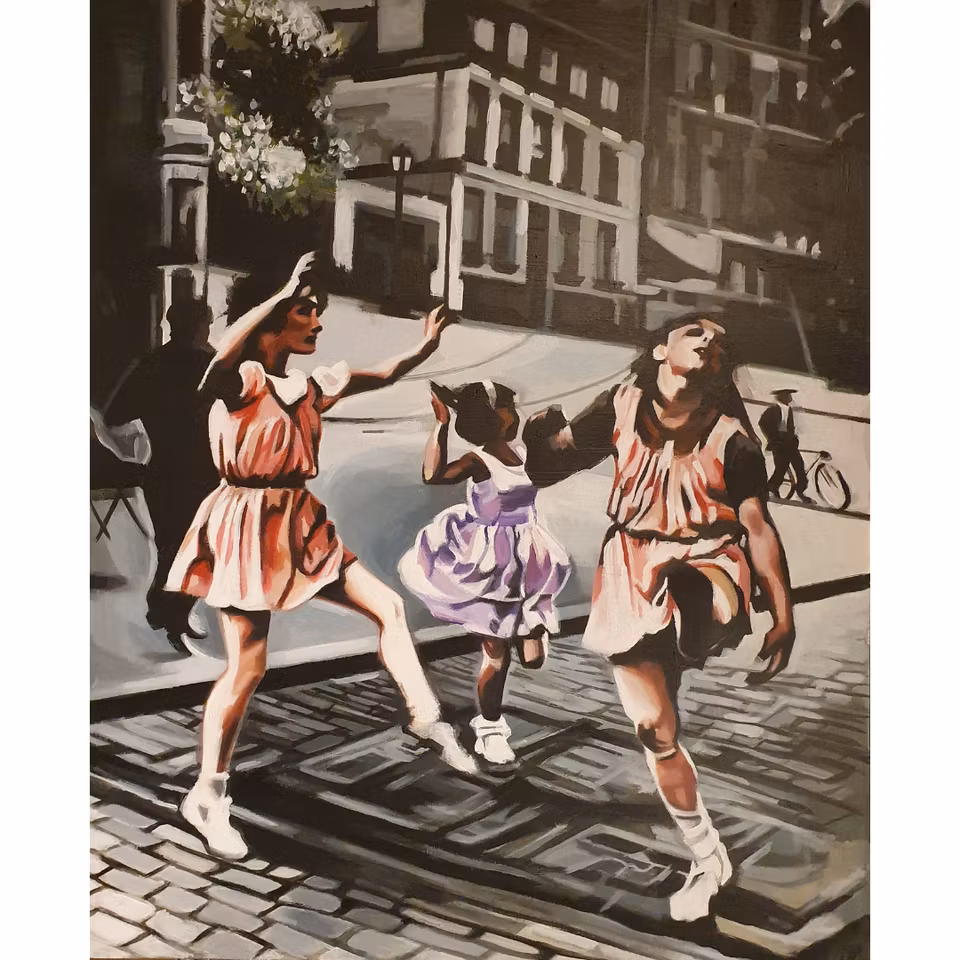 Streetdance! - akryl på pannå av Hanna Herder 73x60 cm