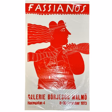 "Alekos Fassianos, Utställningsaffisch från Galerie Börjeson Malmö 1973. 55x95 cm "