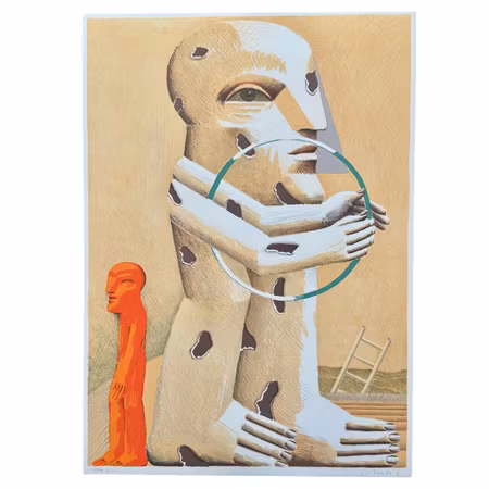 Holst Antes, "Gefleckte Figur mit Reif, kleiner Figur und Leiter" Litografi,numrerad, signerad  -1982. 30x42 cm