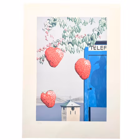 Howard Brooks "Marstrand med telefonkoisk och jordgubbar" Litografi. 127/170. 51x71 cm