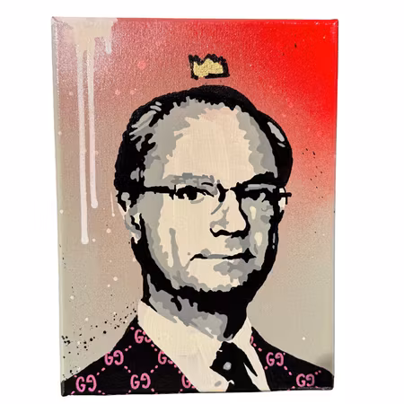 Mike Blomqvist "Carl Gucci", Blandteknik på duk. 17,5x23,5 cm 6/9