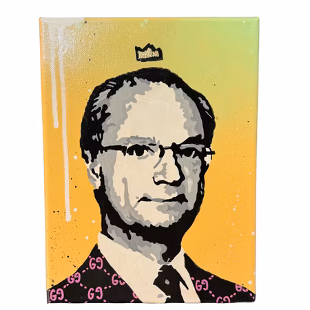 Mike Blomqvist "Carl Gucci", Blandteknik på duk. 17,5x23,5 cm 7/9