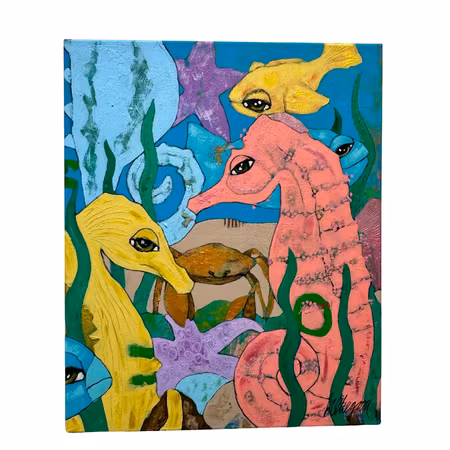 "Havets små under" akryl på duk av Hanna Ekegren. 50x61 cm.