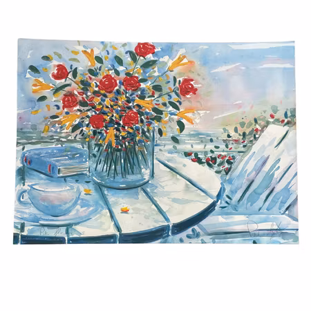 "Patio Flowers I", akvarell av okänd konstnär, 67,5x49,5 cm.