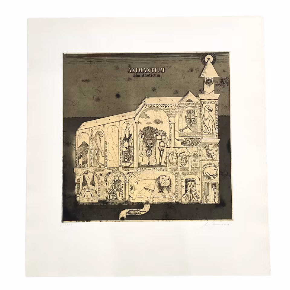 "Animantium phantasticum", etsning av Uwe Bremer ur mappen Atlantis, 70x75 cm.