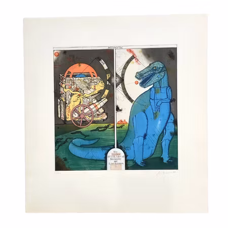 "Vem sköt på dinosaurier med laserkanoner för 120 miljoner år sedan?", etsning av Uwe Bremer ur mappen Atlantis, 70x75 cm.
