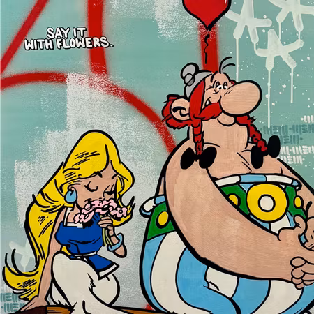 Say it with flowers, blandteknik på duk av Mike Blomqvist, 64x84 cm