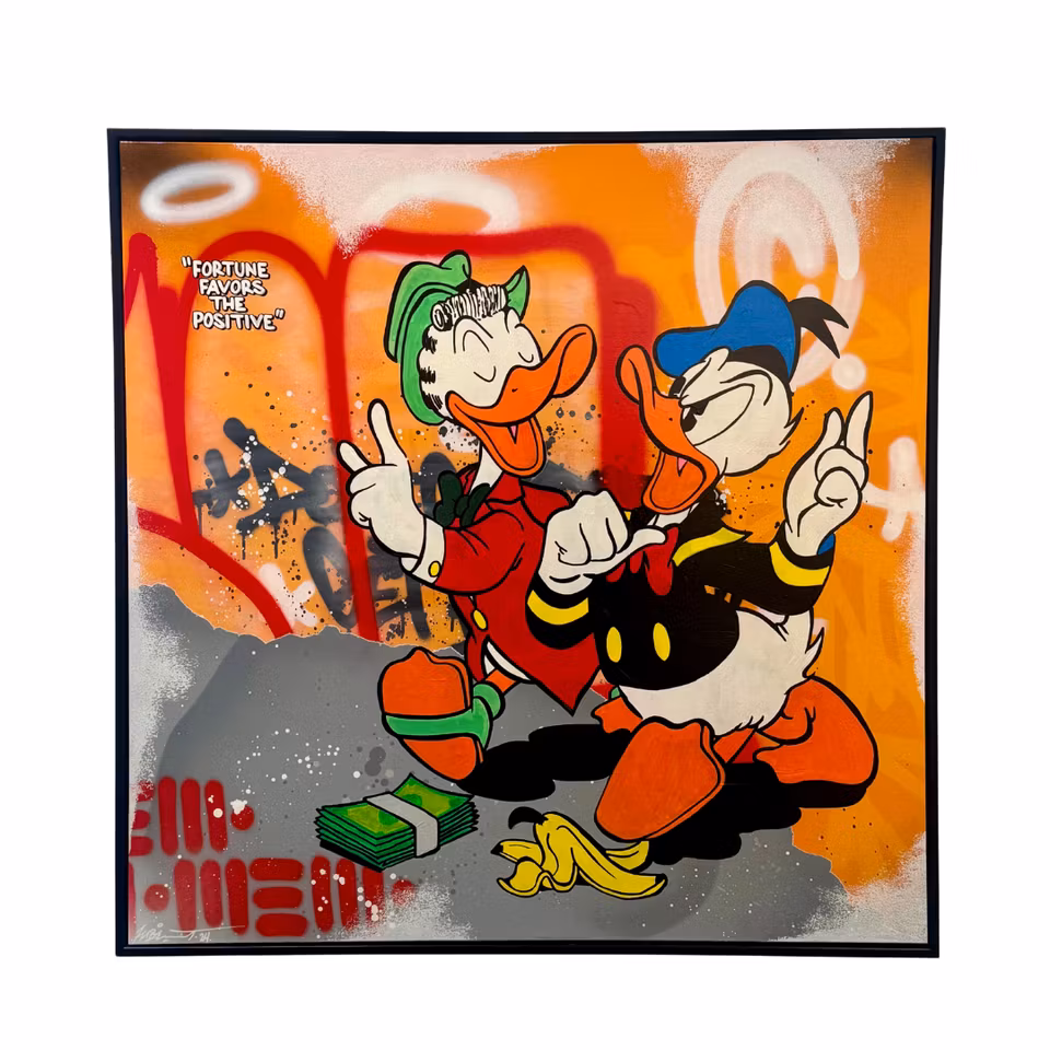 "Fortune favors the positive", blandteknik på duk av Mike Blomqvist, 103x103 cm