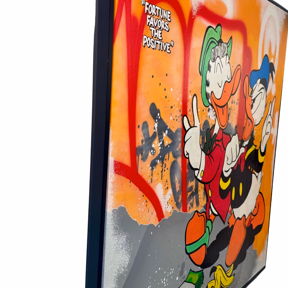 "Fortune favors the positive", blandteknik på duk av Mike Blomqvist, 103x103 cm