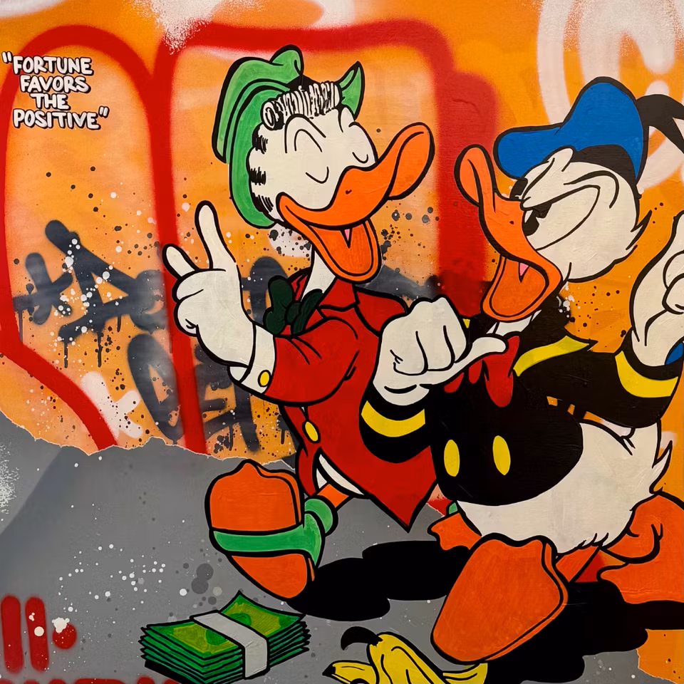 "Fortune favors the positive", blandteknik på duk av Mike Blomqvist, 103x103 cm
