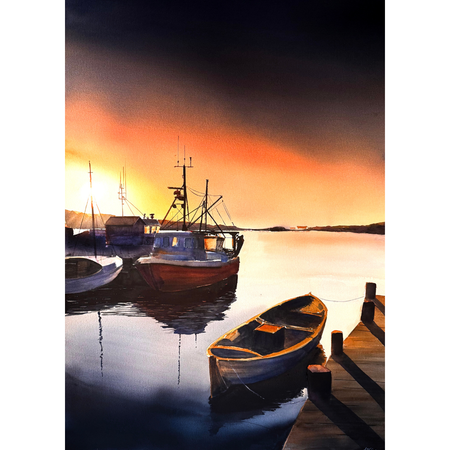 Sommarkväll i Havstenssund, akvarell av Kalle Nilsson, 123x93 cm